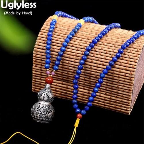Uglyless Luxury Natural Lapis Necklaces for Women Opening Buddha Pendants + Chains Thai Silver Gourd 925 Silver Hollow Jewelry