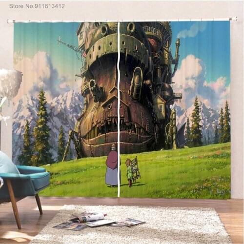 Howls Moving Castle Blackout Curtains 3D Print Diana Wynne Jones Window Drapes 2 Panels Cartoon Animation Window Treatments