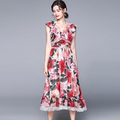 Vintage Women Sexy Ruffled V Neck Bohemia Chiffon Dress Summer Designer Lace Trims Floral Print Beach Midi Dresses Vestidos