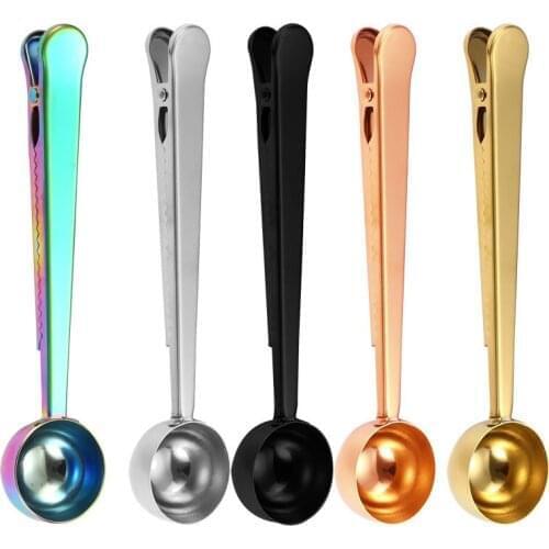 10 Pcs Coffee Scoop with Bag Seal Clip Stainless Steel Tea Measuring Spoon 2 in 1 Kitchen Tools Silver Gold Black Wholesale X2