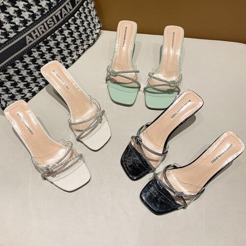 2021 Women Summer Outdoor Sandals Rhinestone Transparent High Heels Ladies Shoes Lacing Female Slippers Elegant Women Slides