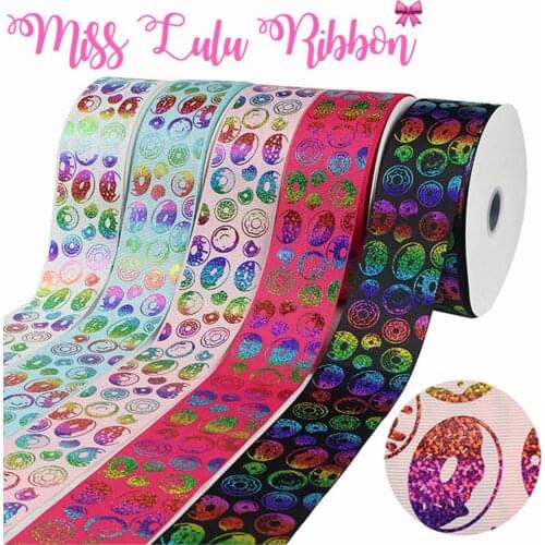 3"75mm Rainbow Hologram Foil Sweet Doughnut Printed Solid Grosgrain Ribbon DIY Hair Bowknot Hair Band Making 50yards/roll