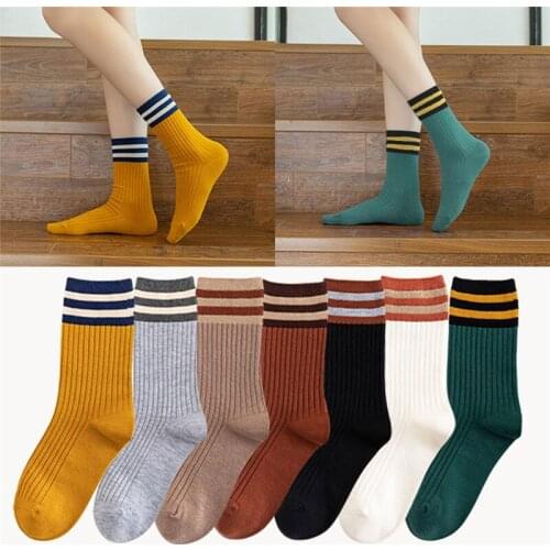 3 Pairs Autumn Winter Japanese Two-Bar Cotton Socks Harajuku Sports Skateboard Tube Sock Basic Pile Casual Women Men Street Sock