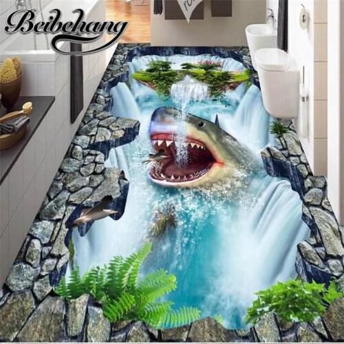Beibehang Decorative floor painting Custom 3d flooring self adhesive wallpaper Shark Falls 3d floor tiles kitchen waterproof