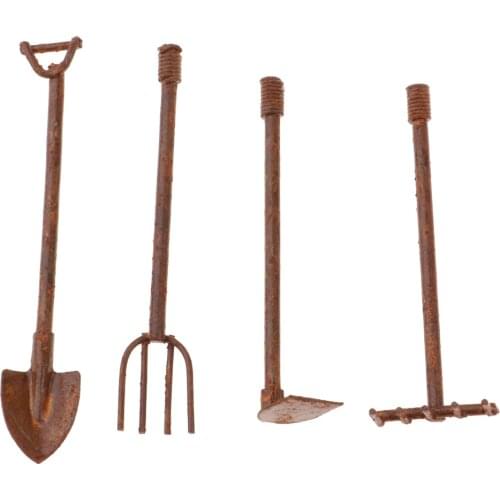 4 Pieces Dollhouse Miniature 1:12 Gardening Tools Metal Shovels and Pitchfork Furniture Set