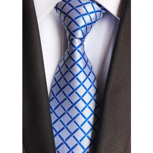 8cm Men Plaids Ties Silver with Blue Lattice Pattern Necktie