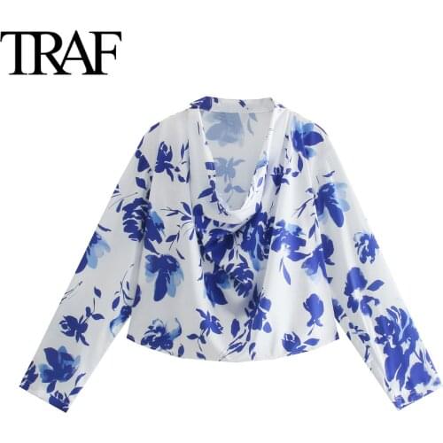 TRAF Spring Autumn Long Sleeve Blouse Fashion Casual Satin Floral Shirt Loose France Vintage Office Ladies Tops