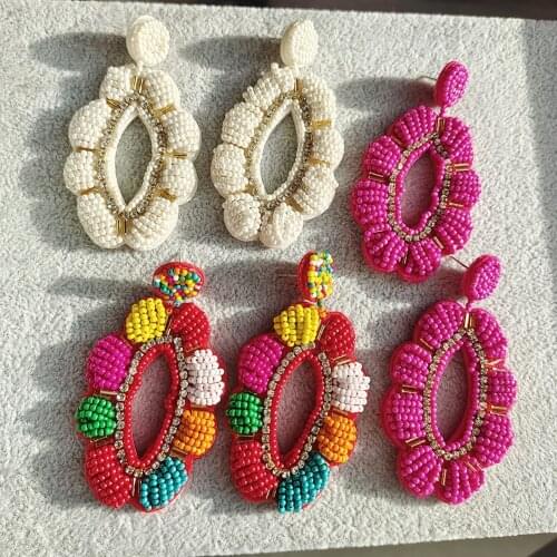 Dvacaman Bohemian Colourful Weave Beaded Flower Statement Drop Earrings Women Ethnic Handmade Seed Beads Dangle Earrings Jewelry
