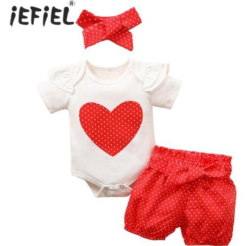 Newborn Baby Girls Clothes Short Sleeve Heart Print Romper Tops+Polka Dot Bowknot Shorts Summer 3Pcs Sets Baby Girls Clothing