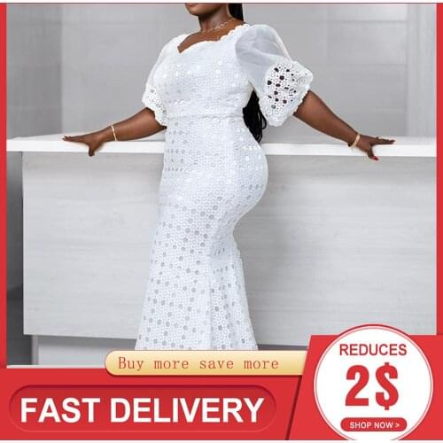 Elegant Party White Long Plus Size Dress Women Sexy Bodycon Cut Out Lace Puff Sleeve Floor-length Large Sizes Maxi Dresses 2021