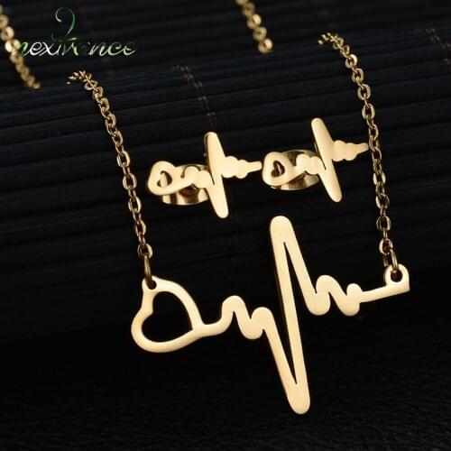Nextvance Gold Wave Heart Necklace Earring Set Heartbeat ECG Jewelry Set for Girls Pulse Rhythm Electrocardiogram Bijioux