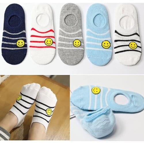 Korean Fashion Socks Lining Striped Smiley Face No-Show Socks short Cotton Boys and Girls No-Show Ankle Socks