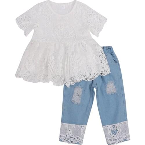 Little Girls Lace Clothes Set, Floral Hollow Out Short Sleeve O-neck Tops + Ripped Denim Trousers 1-8Years