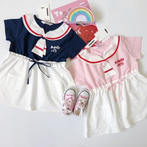 Tonytaobaby Summer Cute Girls Contrasting Navy Collar Dress Casual Cotton Childrens Clothing