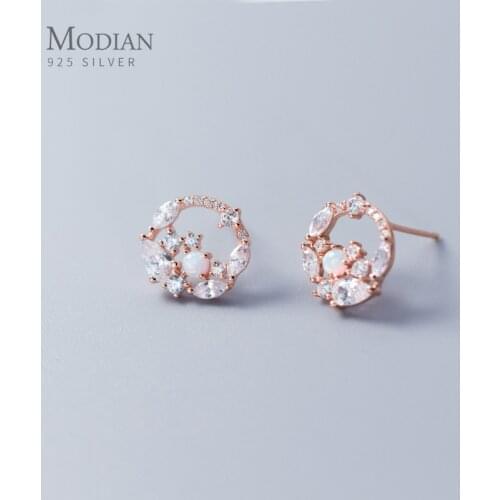 Modian Fashion 925 Strling Sliver Sparkling Zircon Round Circle Stud Earring for Women Luxury Wedding Ear Pin Fine Jewelry Gift