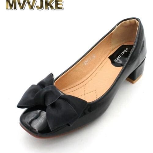 MVVJKE chunky black thick women leather grey shoes red plus size2021 discount pumps square toe bow low heels japanese patent