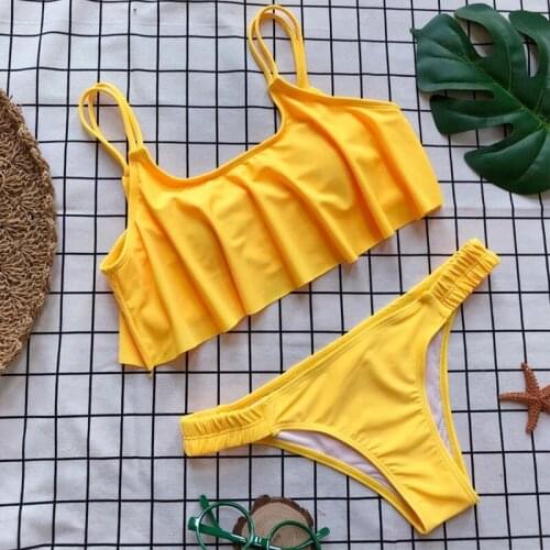 Solid 2018 yellow bikini set sexy women ruffles push up padded swim suits Low waist beachwear swimming summer monokinis female