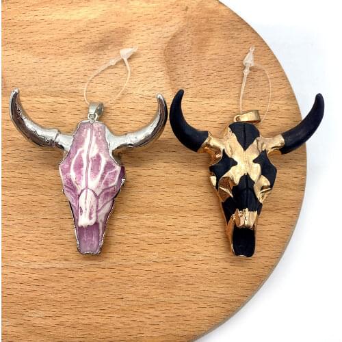 1Pc Natural Stone Amethyst Acrylic Material Pendants Tauren-shaped Ox-headcow Head DIY for Making Necklace 45x46mm Size 6 Colors