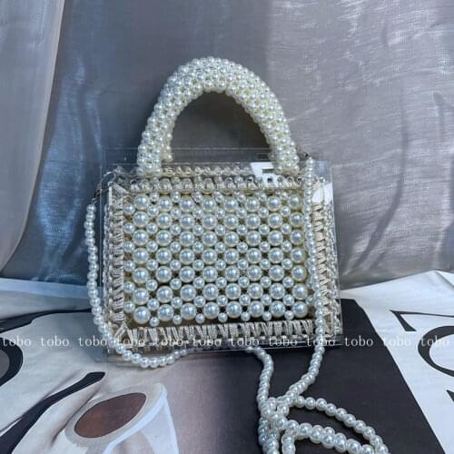 Ins Hot High Quality Pearl Beaded Knitted Purse Handmade Crochet Acrylic Frame Ladies Clutch Beach Bags Women Evening Purse