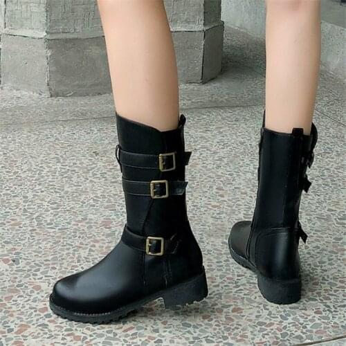 PXELENA Hot Buckle Zipper Punk Rock Gothic Mid Calf Boots Female 2020 Autumn Winter Shoes Low Heels Combat Military Riding Boots
