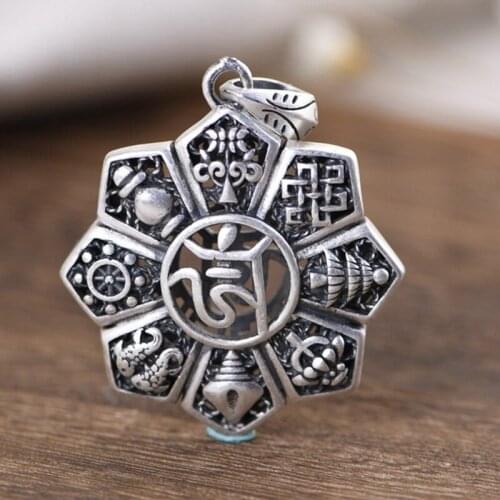 Real s999 pure silver jewelry Sanskrit six-character mantra swastika rotatable eight-treasure lotus flower Man and woman pendant