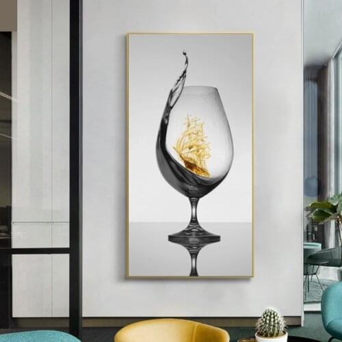 Modern Romantic Wine Glass With Sailboat Abstract Canvas Art Wall Picture For Gallery Dining Room Bar Home Decor Poster No Frame