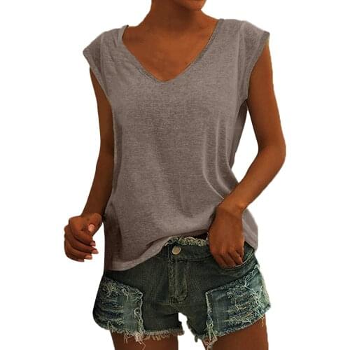 Women Blouse Ladiess V-Neck T-Shirt Casual Cap Sleeve Vest Solid Loose Blouse Fit Tank Tops Blusa Feminina Платье Летнее