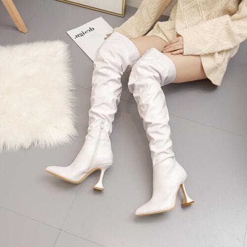 Womens Pleated Over The Knee Boots Woman Leather Thigh High Long Boots Ladies Pointed Toe High Heels Female Pumps Women Shoes