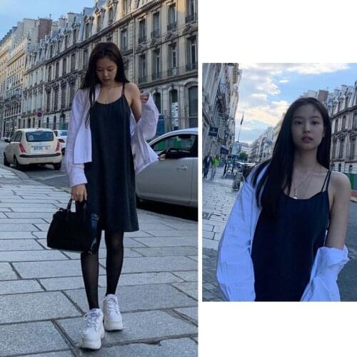 Kpop Korean Celebrity Fashion White Lapel Long Sleeve Cardigan Shirt Tops+Black Sexy Loose Strapless Sling Mini Dress Women Sets