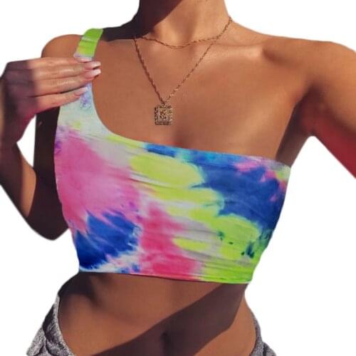 Women Sexy Sleeveless One Shoulder Crop Top Neon Rainbow Tie Dye Bandeau Slim Tank Vest 2020