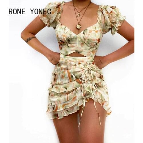 Women Elegant Dress Tropical Print Tie Dye Print Cutout Drawstring Dress Sexy Summer Vacation Dress