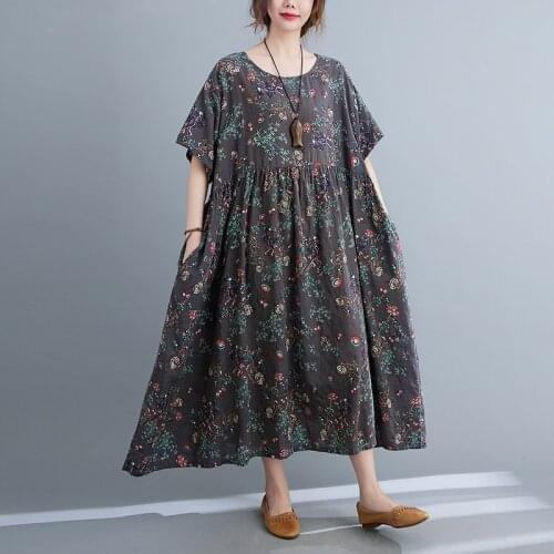 Print Floral Prairie Chic Travel Casual Dress 2021 New Arrival Loose Summer Dress Soft Cotton Linen Plus Size Women Long Dress