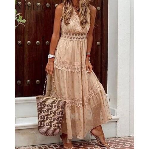 Summer Women Deep V-Neck Sleeveless Polka Dot Print Patchwork Chiffon Dress Slim Layered Maxi Dress