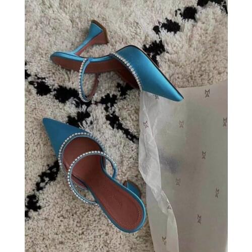 2021 Semi Slipper Womens Shoes Outdoor Fashion Sparkling Rhinestones Satin Wine Glass Heel Shoes Closed-Toe Slippers