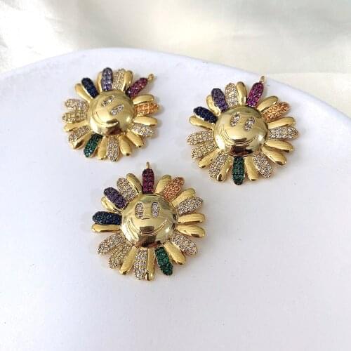 5PCS, Rainbow CZ Pave Sun Flower Smiley Face Enamel Charm Pendant DIY, Crystal Zircon Happy Face Pendant Jewelry Making 27MM