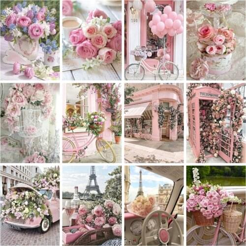 Huacan Diy 5d Diamond Painting Flower Pink Home Decor Embroidery Mosaic Landscape Floral Wall Stickers