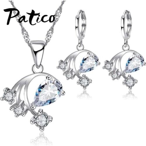 Shiny AAA CZ Crystal Flower Design 925 Sterling Silver Bridal Jewelry Sets for Women Necklace Pendant Hoop Earrings