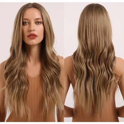 CharmSource Long Golden Brown Lace Part Wig Synthetic Wigs Baby Hair Women Lace Wigs High Density Heat Resistant Daily Use