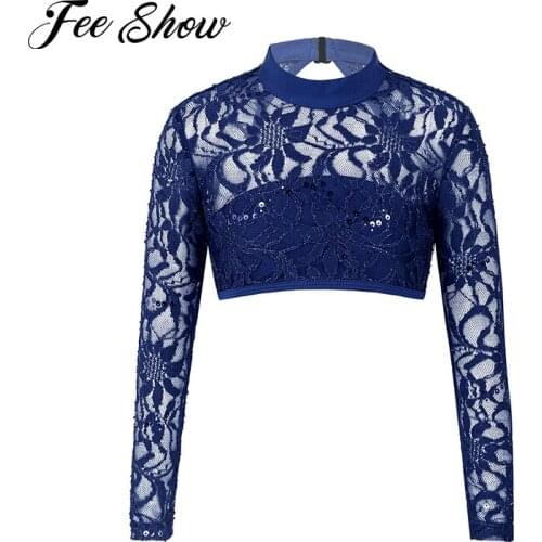 Kids Girls Pure Color Embroidered Lace Sequins Ballet Dance Tops Long Sleeve Press Button Closure Modern Belly Dance Crop Top