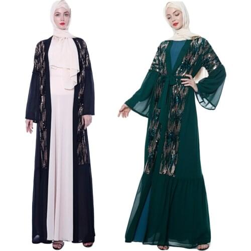 Dubai Open Abaya Muslim Women Sequins Long Dress Islamic Maxi Kaftan Robe Arab Kimono Party Cocktail Turkish Gown Dress