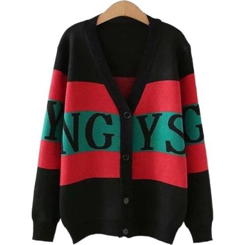 Letter Embroidery Knit Harajuku Women Cardigan 2021 Winter Warm Knitwear V-neck Korean Female Jumpers Soft Tops