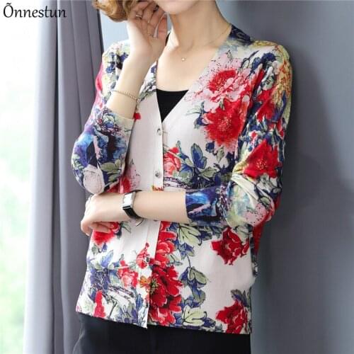 Floral Print Female Cardigan Autumn Spring Single-breasted Knitted Sweaters Top Korean Fashion V Neck Soft Cardigans Women