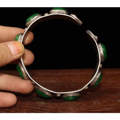 China old Tibetan silver inlaid with greenstone jade bracelet