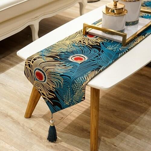 Classic Chinese Peacock Feather Red Table Runner Rectangular Luxury Bed Runner Blue Dining Table Mat Coffee Tablecloth
