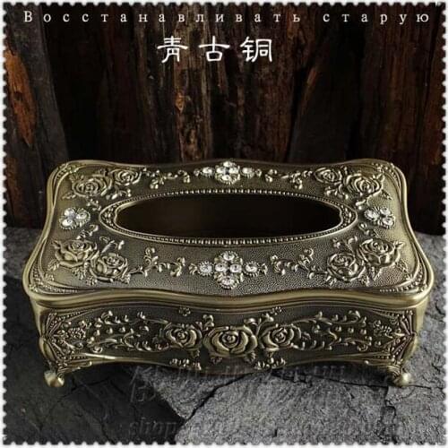 Classic luxury tin alloy metal rectangle tissue box napkin paper decorative tissue box cover embossed rose diamond inlayedZJH023