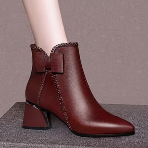 Soft PU Leather Short Boots,Women Plush Winter Shoes,Pointed toe, Bowtie,Square Heel,Side Zip,Female Footware BLACK,BROWN