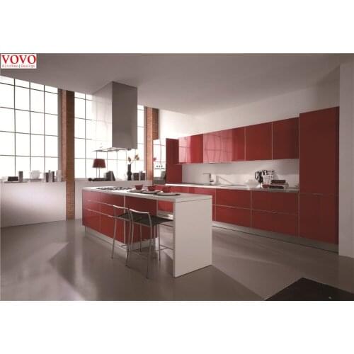 Red lacquer kitchen cabinet with waterfall island