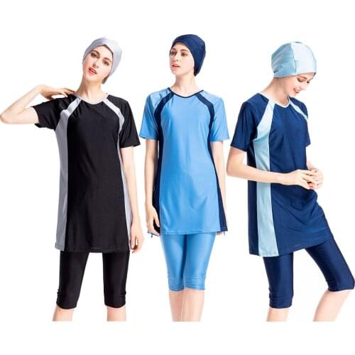 High-End Color Matching Short-sleeved Swimsuit Conservative Swimwear Muslim Creative Retro Bikini Simple Beachwear Women Lady XL