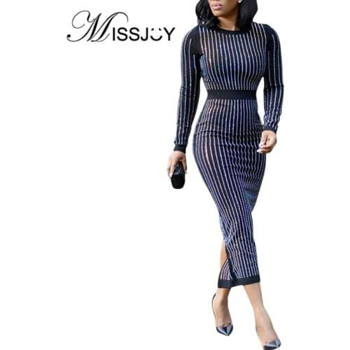 MISSJOY 2019 Autumn New Diamonds Fashion Women Dress Red Party Bodycon Vestidos Club Sexy Long Sleeves O-Neck Robe Female Black