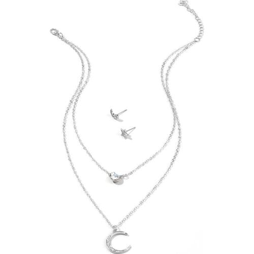 Fashion Simple Double Layer Star Moon Charm Necklace Delicate Clavicle Chain Alloy Necklace Star Stud Earrings For Women Jewelry